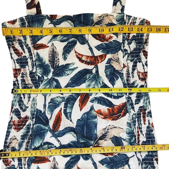 Robin K Sheath Mini Dress Medium White Blue Linen-Cotton Lined Wide Straps Leave - Picture 15 of 16